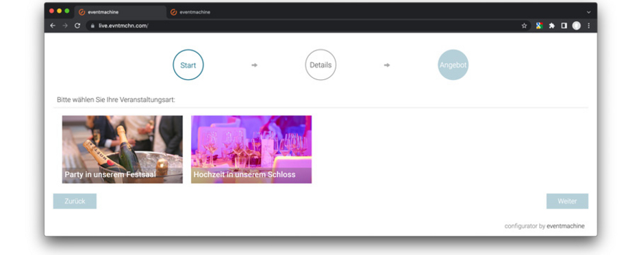 Vorauswahl der Art einer Veranstaltung