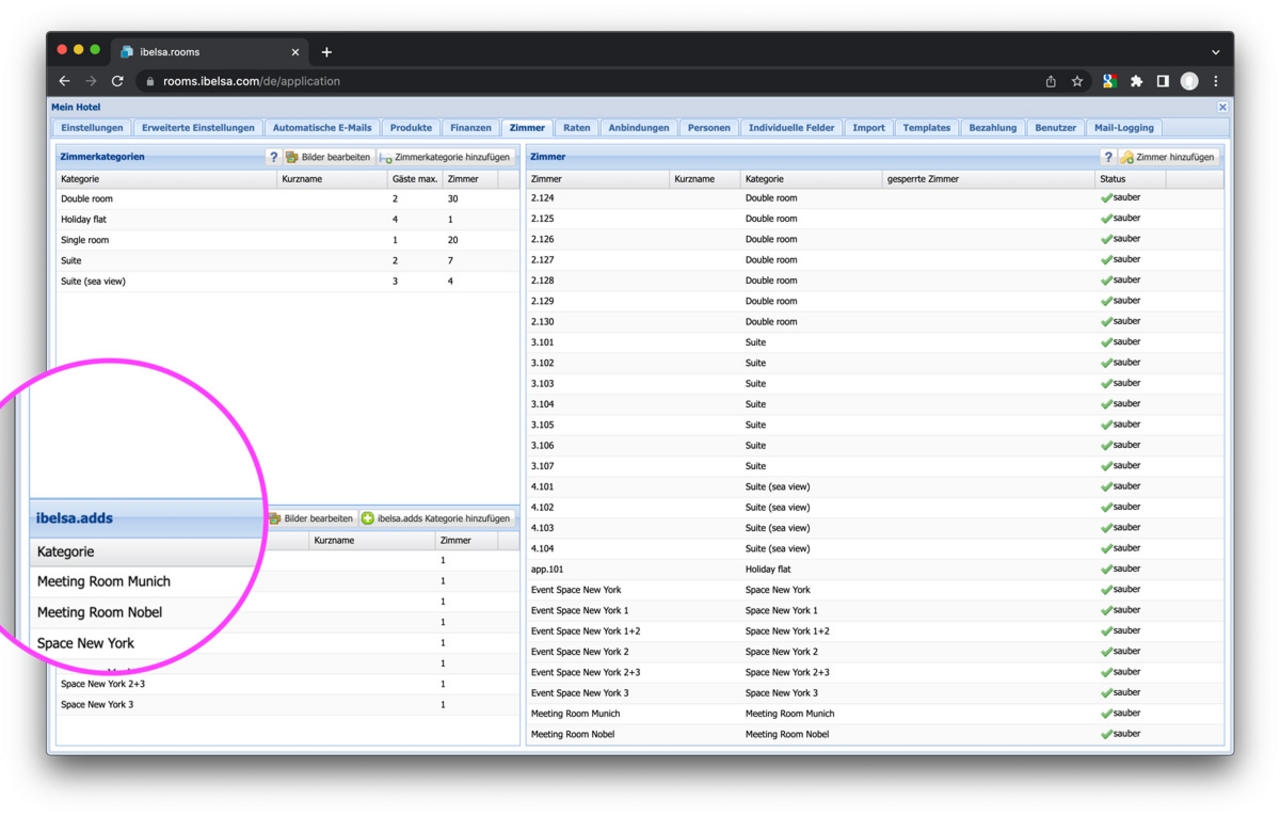 Identify relevant ibelsa & ibelsa.adds categories for hotel rooms, meeting rooms and event spaces