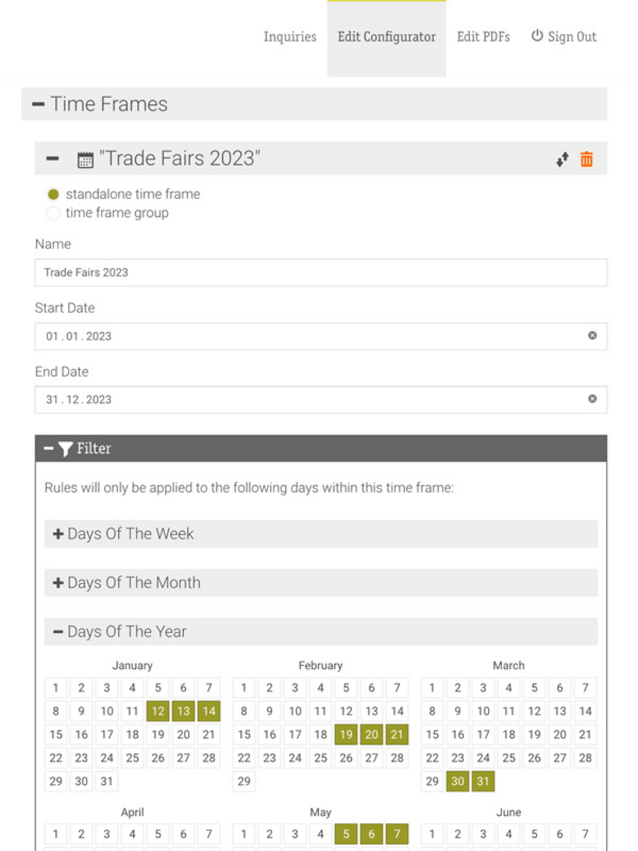 Set up special days in a single time frame using filters