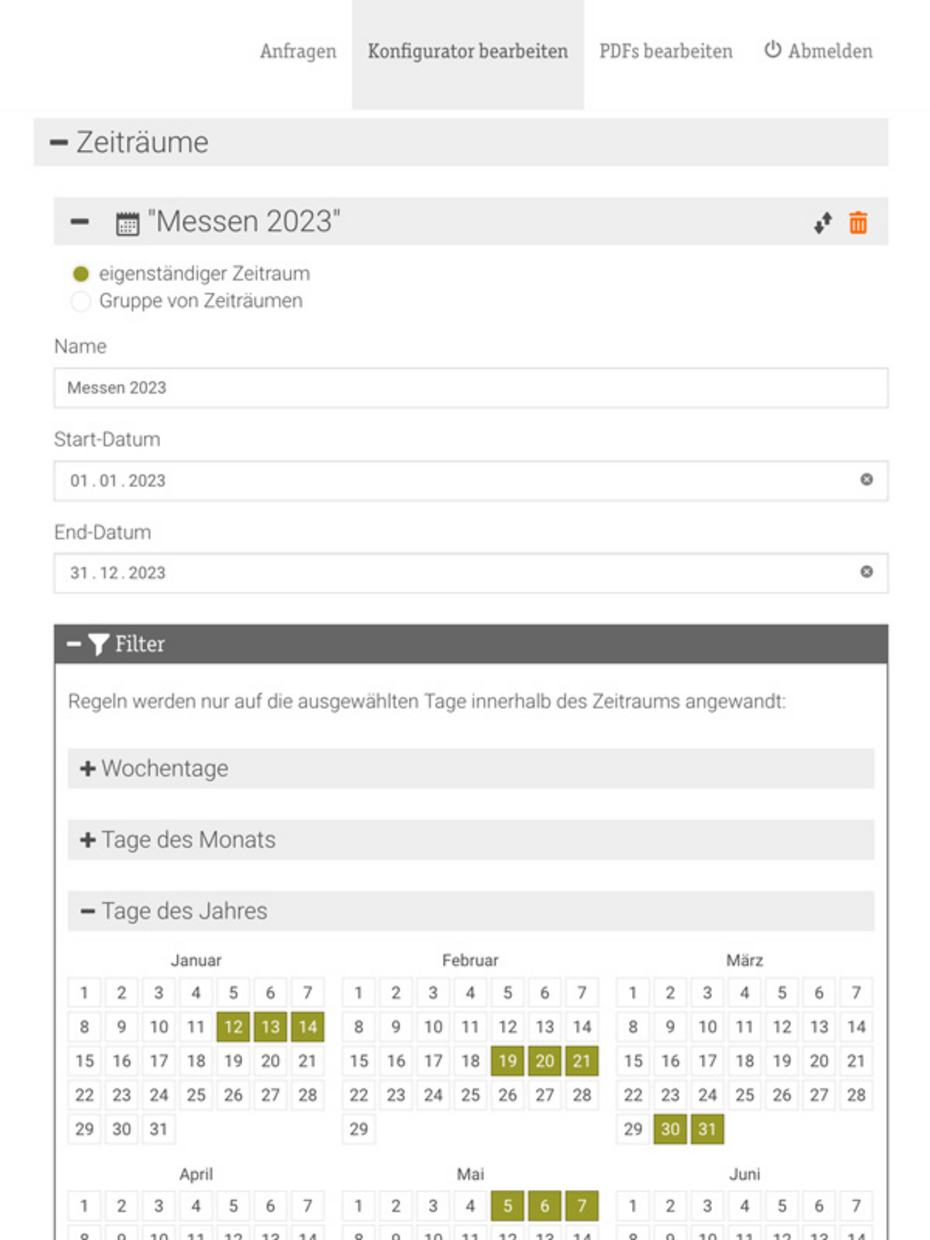 Mit Filtern besondere Tage in einem einzelnen Zeitrahmen einrichten