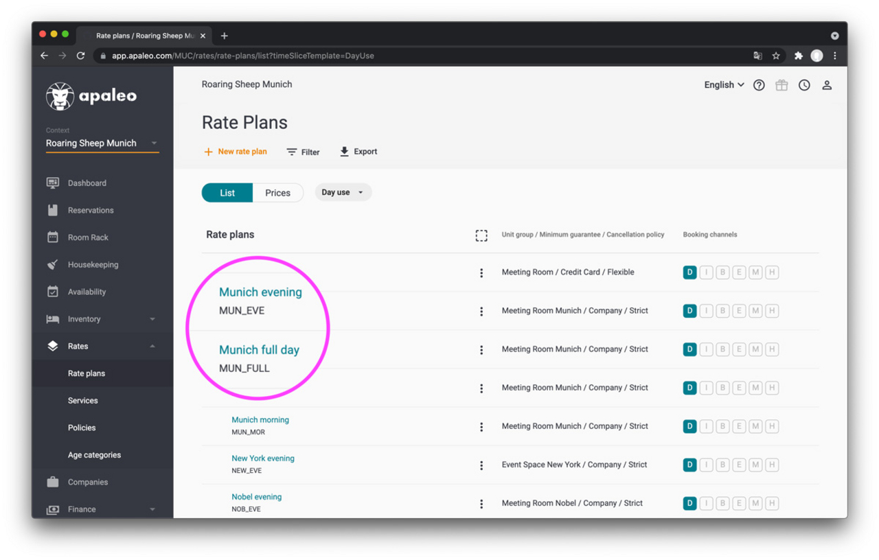Look up relevant apaleo rate plans for meeting rooms & event spaces