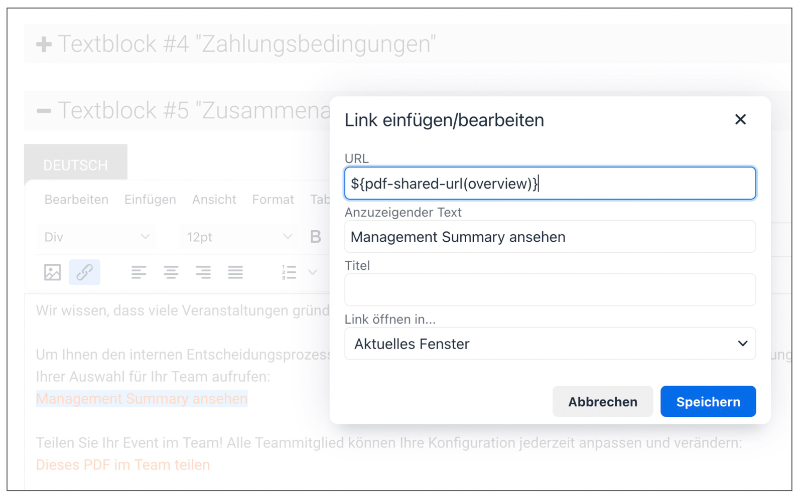 Verwendung dynamischer Links zur Erzeugung langer oder kurzer Angebote